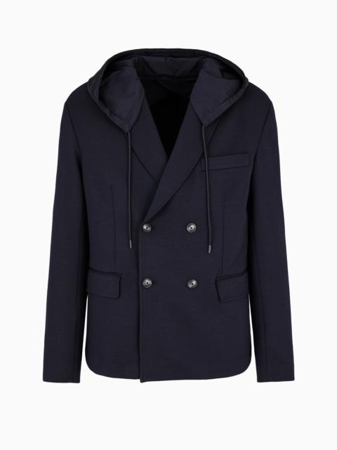 EMPORIO ARMANI Double-breasted blazer in a soft wool-blend cloth with a nylon hood