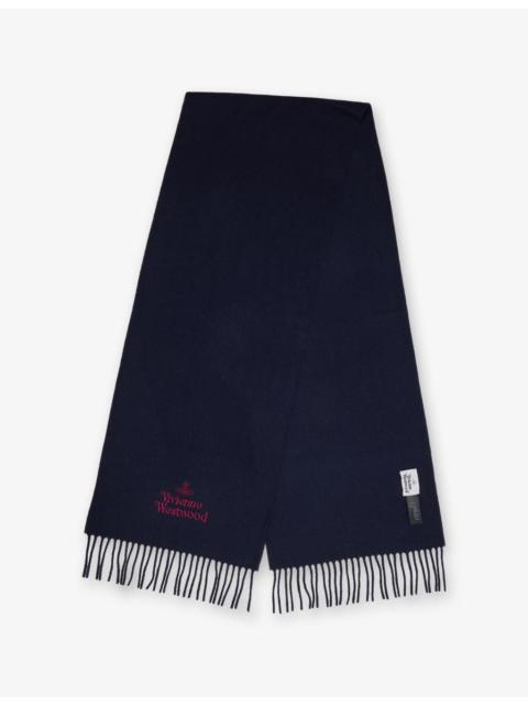 Vivienne Westwood Brand-Embroidered Fringed-Trim Wool Scarf