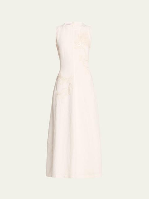 Brunello Cucinelli Crinkle Cotton Structured Dress with Embroidered Magnolia Flower