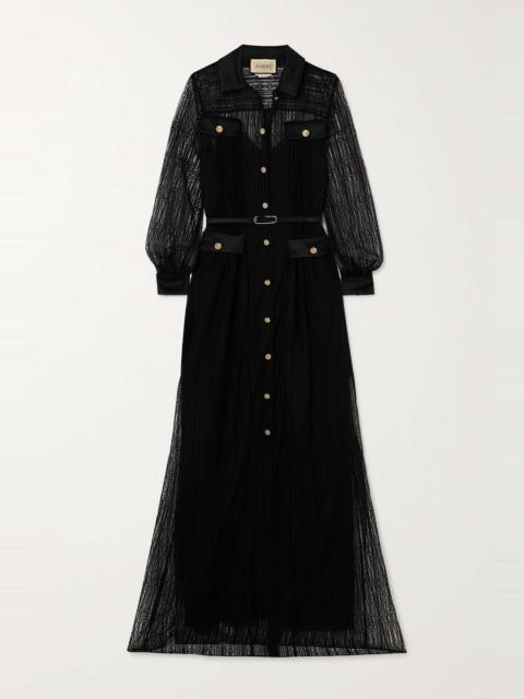 GUCCI Button-embellished leather-trimmed lace maxi dress