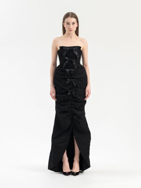 Black Front Slit Shirred Sheath Dress