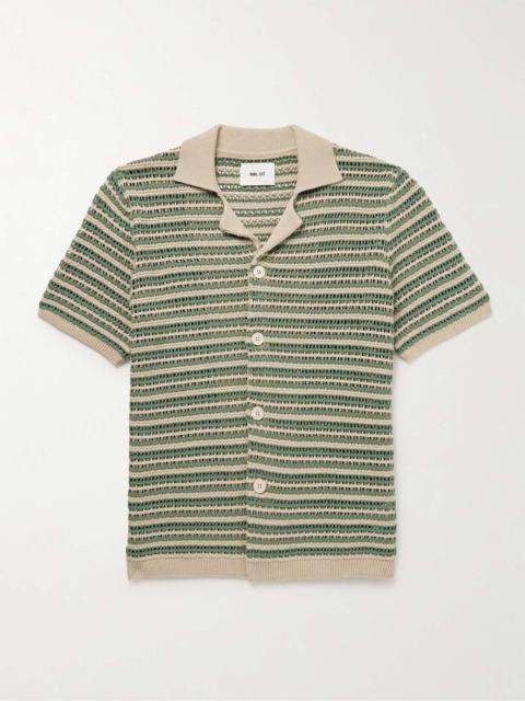 Henry 6636 Camp-Collar Striped Crocheted Organic Cotton Shirt