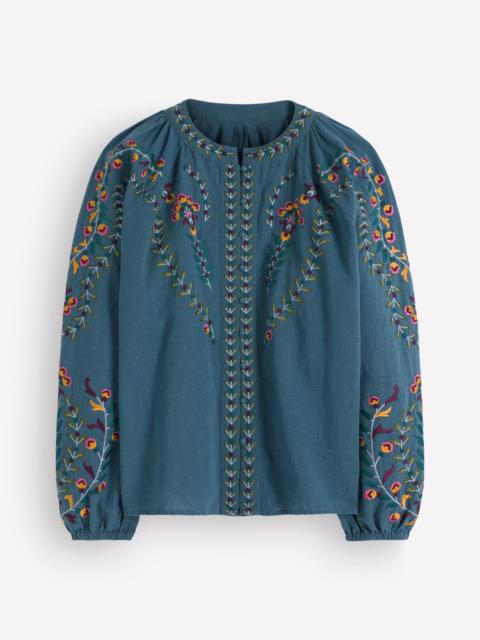 BODEN Raglan Embroidered Top-Mid Blue