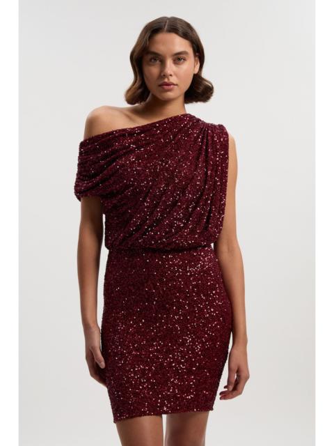 KAREN MILLEN Draped One Shoulder Jersey Stretch Sequin Mini Dress