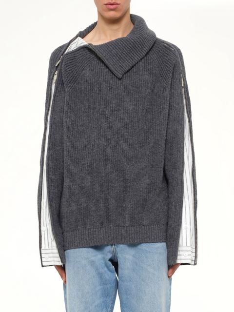 FENG CHEN WANG Deconstructed Shirt Fabric Sweater with Patchwork in Grey