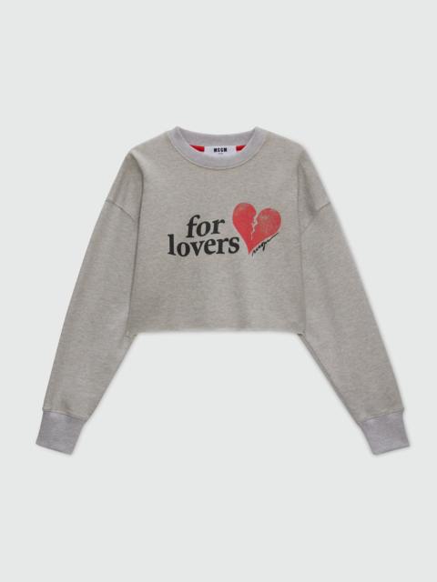MSGM Grey cropped sweatshirt with "For Lovers" print and heart.