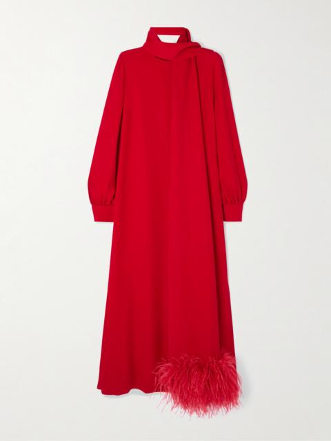 Valentino Tie-neck Feather-trimmed Silk-crepe Gown