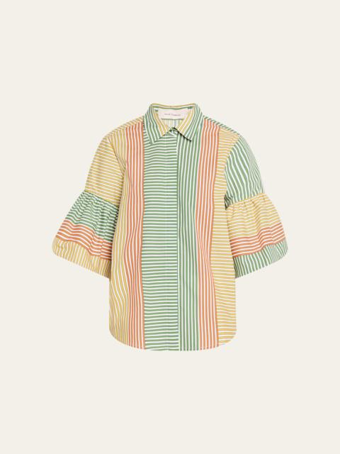 SILVIA TCHERASSI Helina Multi-Striped Puff-Sleeve Button-Down Top