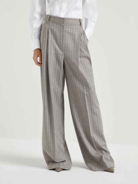 Brunello Cucinelli Virgin wool mouliné chalk stripe high waist wide trousers with monili