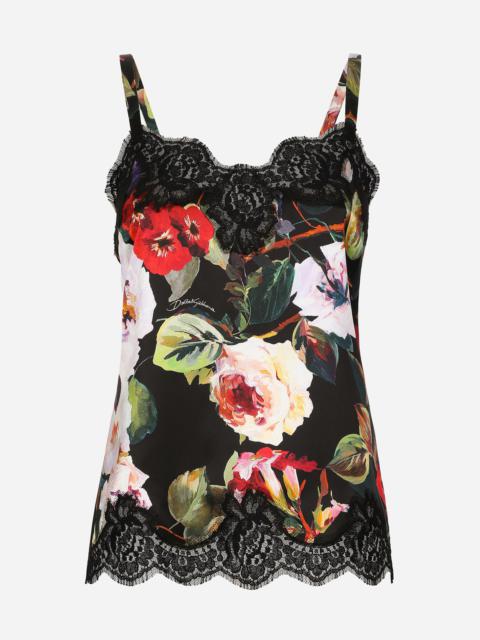Satin lingerie-style top with rose garden print and lace detailing