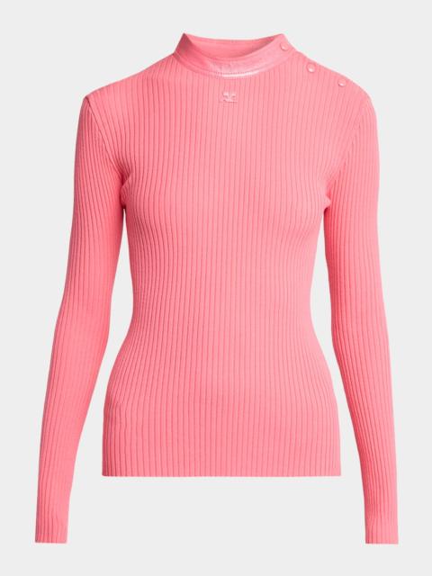 courrèges Vinyl Collar Ribbed Button-Shoulder Long-Sleeve Top