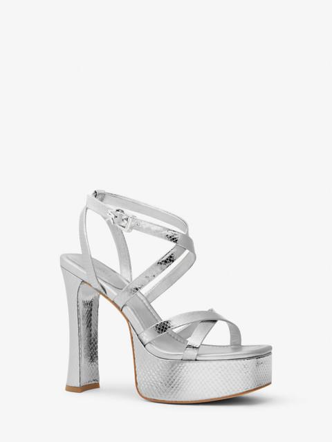MICHAEL KORS Paola Metallic Snake Embossed Leather Platform Sandal