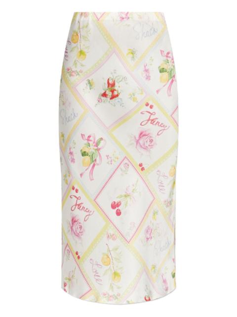 LoveShackFancy fruit-print bias-cut skirt