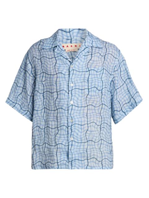 Marni Men's Wavy Check Linen Button-Front Shirt - Light Blue