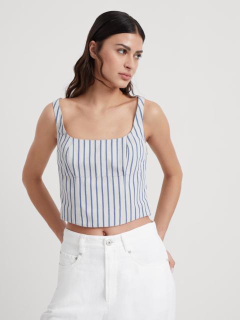 Brunello Cucinelli Striped cotton and linen wrinkled poplin cropped top