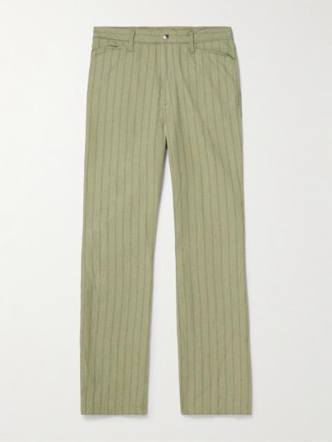Kapital Gibson Straight-Leg Striped Linen and Cotton-Blend Twill Trousers