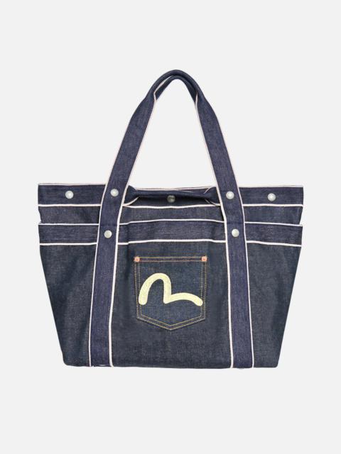 EVISU SEAGULL EMBROIDERED POCKET LARGE DENIM TOTE BAG