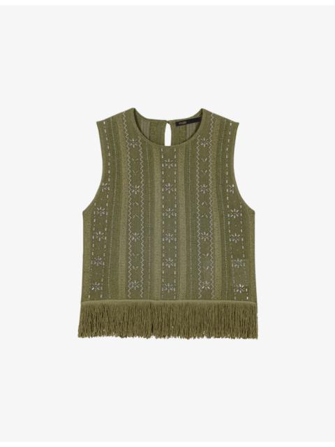 maje Fringed Rhinestone-Embellished Woven Top