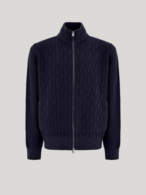 Canali NAVY BLUE MACRO-STRUCTURED WOOL ZIPPERED CARDIGAN