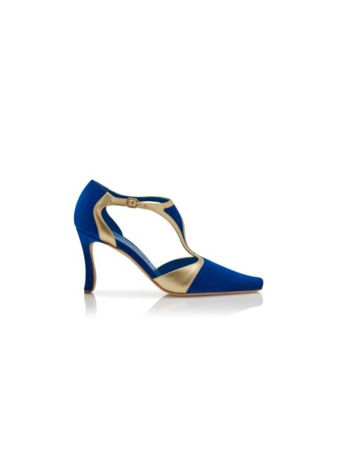 Manolo Blahnik Blue Velvet and Gold T-Bar Pumps