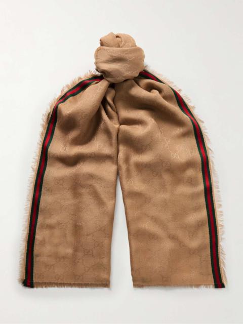 GUCCI Frayed Striped Logo-Jacquard Silk and Cotton-Blend Scarf