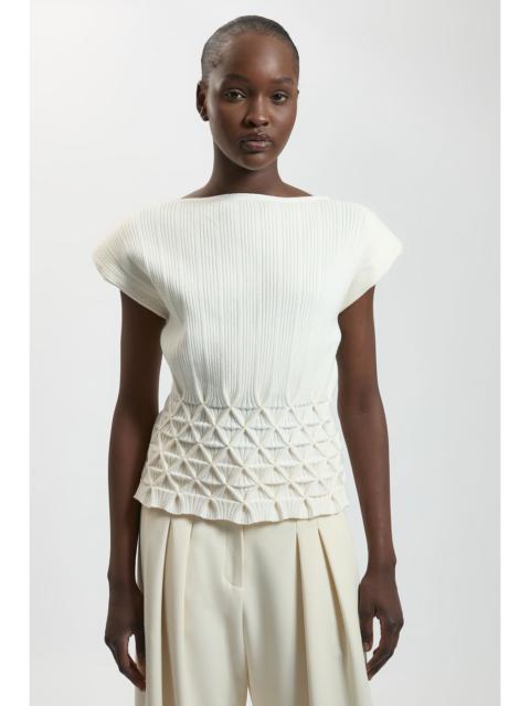 KAREN MILLEN Ribbed Knit Power Shoulder Top With Manipulated Stitch Detail