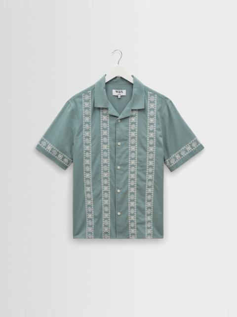 Wax London Didcot - Sea Green And Ecru Embroidered Short-Sleeve Shirt