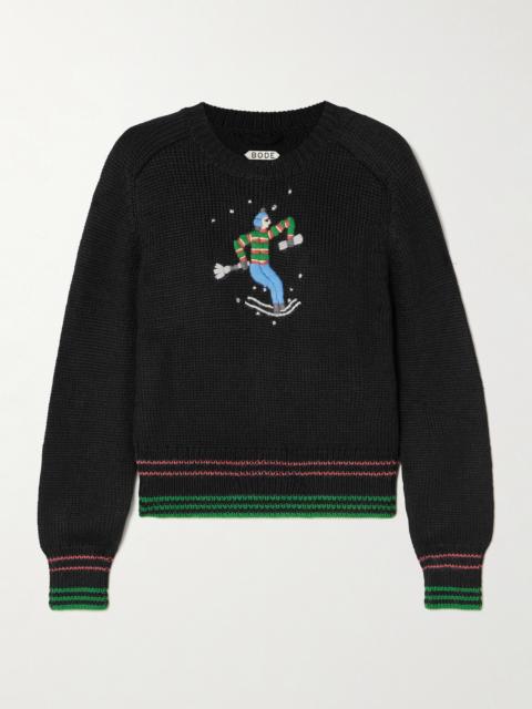 BODE Ski Run Cropped Embroidered Striped Alpaca Sweater