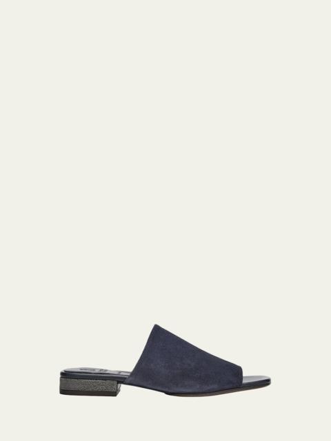 Brunello Cucinelli Suede Slide Sandals with Monili Heel