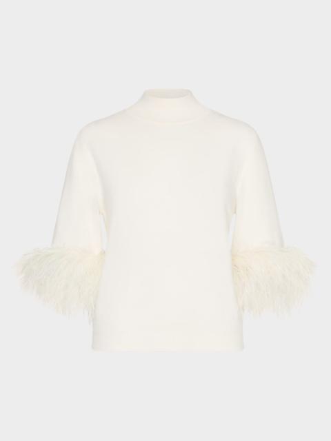 MILLY Mock-Neck Feather Cuff Sweater