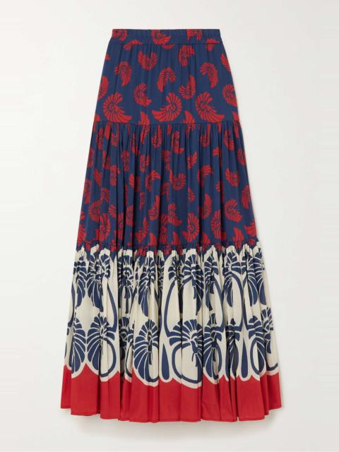 Tiered printed cotton and silk-blend maxi skirt