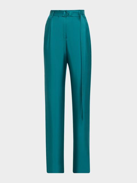 LAPOINTE Belted Silk Pleated Straight-Leg Trousers