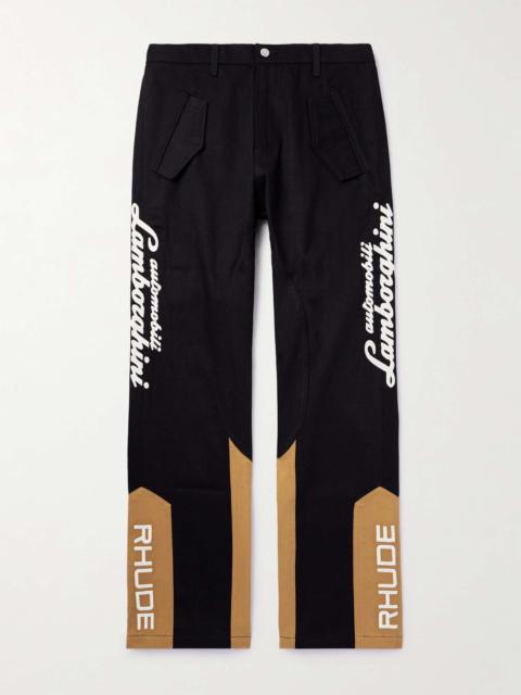 + Lamborghini Printed Panelled Straight-Leg Cotton-Twill Trousers
