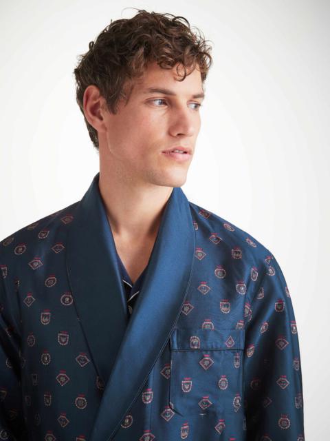 Derek Rose Men's Robe Silk Jacquard Navy Badge Pattern
