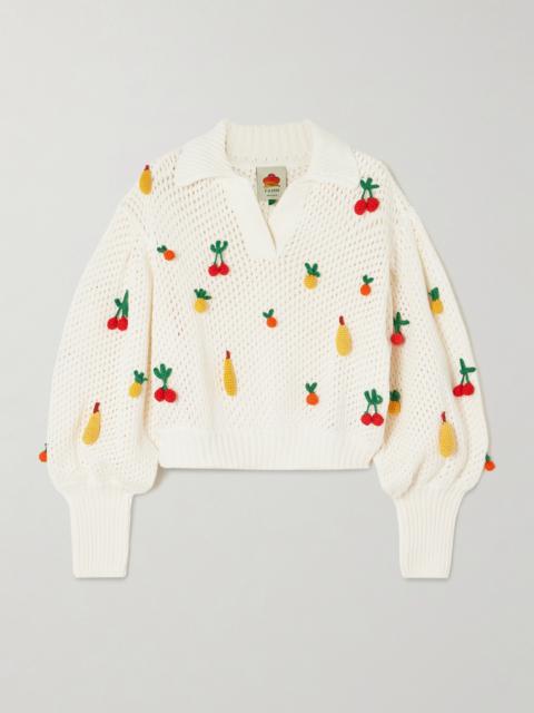 FARM RIO Appliquéd Open-knit Cotton Sweater