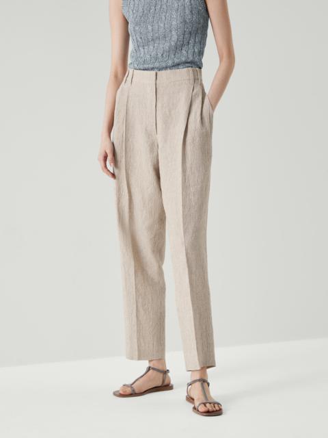 Wrinkled striped linen slouchy trousers with monili