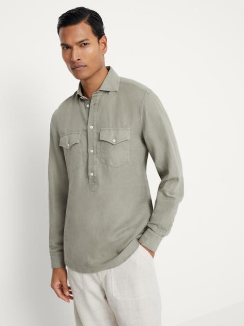 Brunello Cucinelli Garment-dyed easy fit shirt in linen and cotton pinpoint with chest pockets