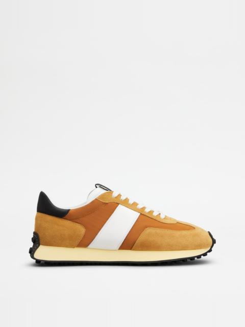 Tod's T VINTAGE SNEAKERS IN SUEDE AND TECHNICAL FABRIC - ORANGE, WHITE, BLACK