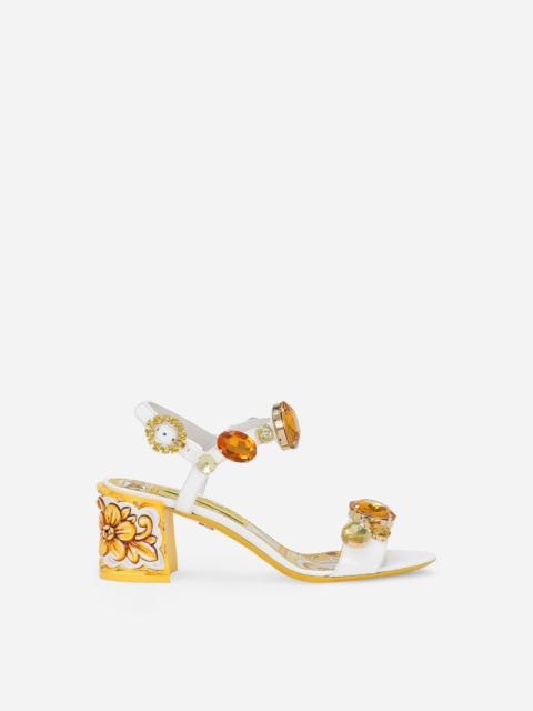 Patent leather sandals with stone embellishment and painted heel