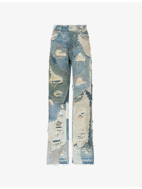 WHO DECIDES WAR Distressed-Patchwork Denim Jeans