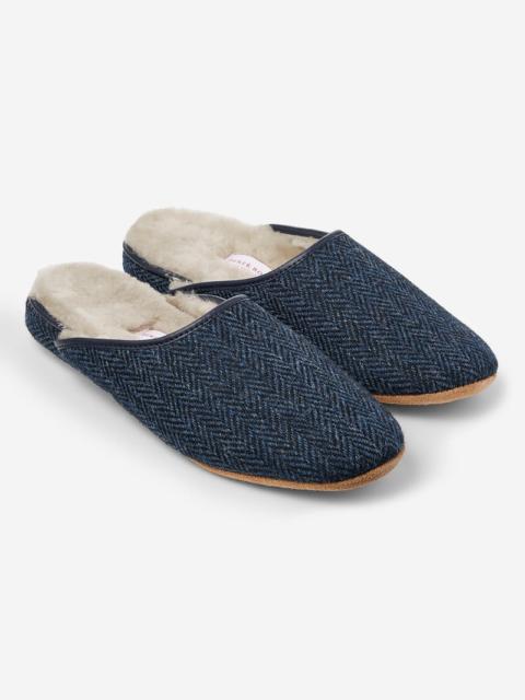 Derek Rose Men's Mule Slippers Douglas 2 Harris Tweed Sheepskin Navy