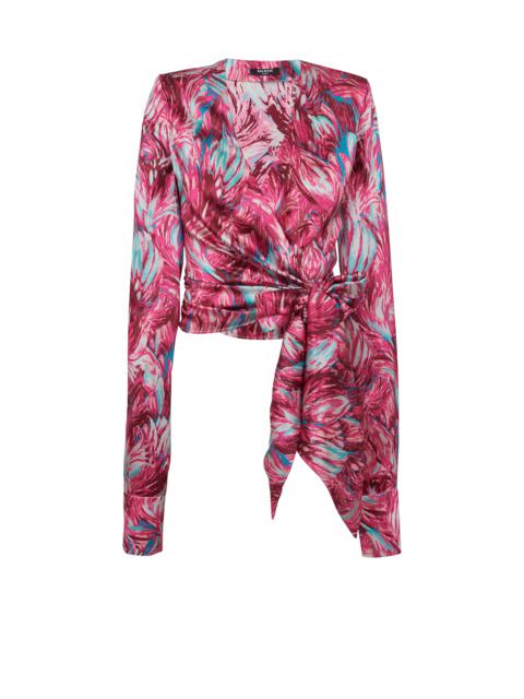 Balmain Feather print satin wrap blouse