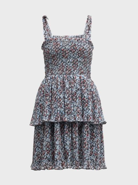 Pleated Georgette Tie-Shoulder Smock Mini Dress