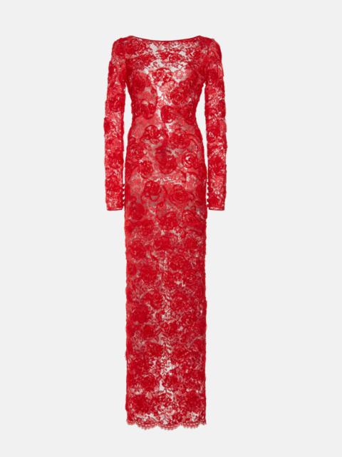 Alessandra Rich OPEN BACK LACE DRESS WITH SEQUIN, ROSE EMBROIDERY