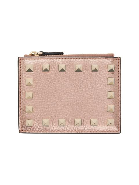 Valentino Rose Gold Rockstud Grainy Calfskin Card Holder