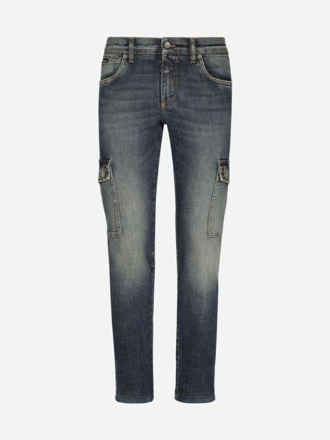 Blue wash skinny stretch cargo jeans