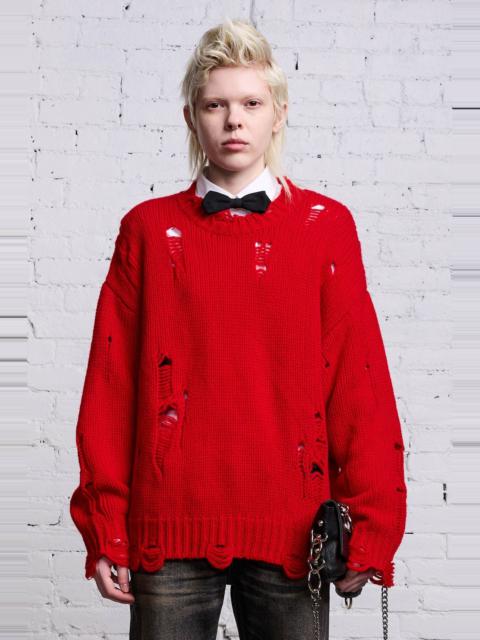 R13 OVERSIZED DISTRESSED SWEATER - RED CASHMERE