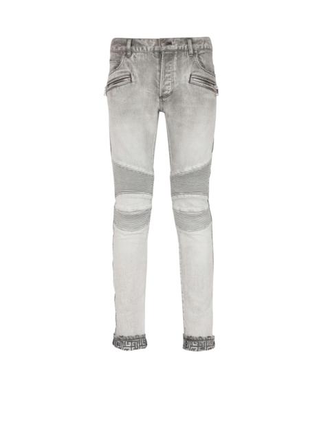 Balmain Slim cut faded and ridged light gray cotton jeans with Balmain monogram on hem