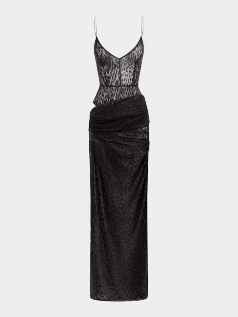 ALEX PERRY Leopard Burnout Asymmetric Draped Column Bikini Gown