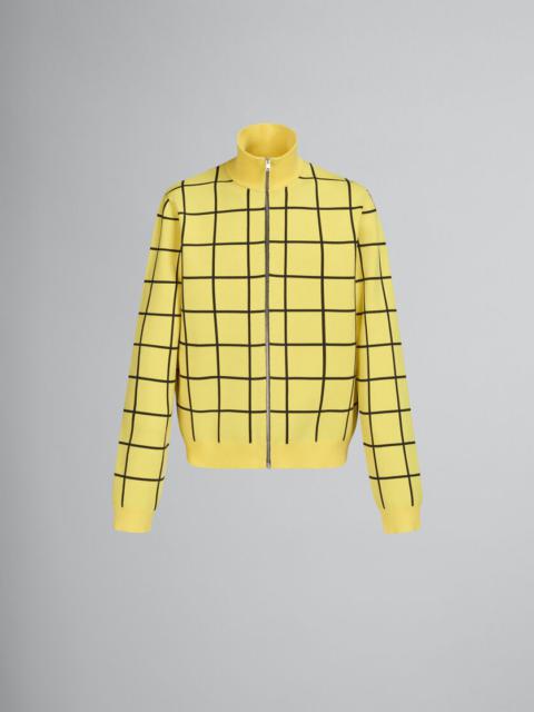 YELLOW CHECKED VISCOSE HIGH-NECK CARDIGAN